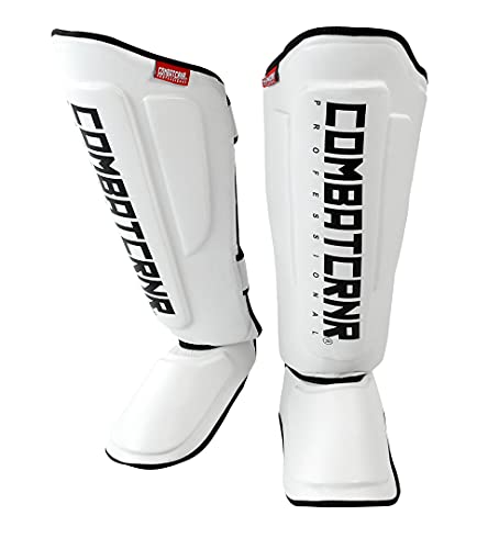 Combat Corner Supreme Synthetic Leather Muay Thai Shin Guards | Full Leg Protector Pads and Fighting Training Protective Gear for MMA, Kickboxing, BJJ, Karate, Martial Arts