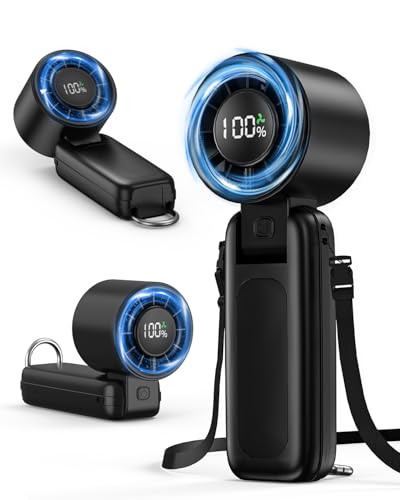 4 in 1 Handheld Portable Turbo Fan, 180° Foldable 6-Speed (1-100) Mini Fan, 5000mAh Rechargeable Battery Operated up to 15 Working Hours, LED Display Personal Cooling for Travel Indoor Outdoor Black