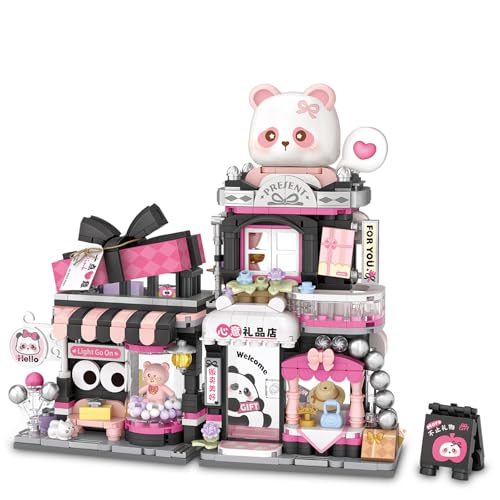 PINJIMU Cute Panda Mini Building Blocks Set, 938PCS MOC Mini Architecture Building Kits with Gift Shop Street View Design - STEM Educational Construction Gift for Girls Boys Kids Adults