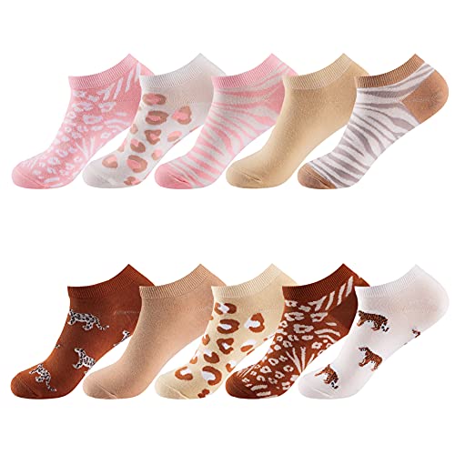 MONFOOT Women's 10 Pairs Fashion Cotton Low Ankle Socks Leopard