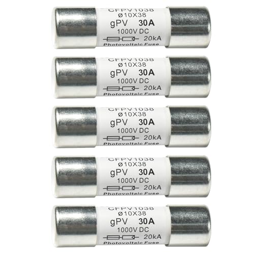 HQRP 5-Pack Solar PV Fast Acting Photovoltaic Fuse Link CFPV-1038, gPV type, 30 Amp 1000V DC, 10x38mm, 20kA IR, Replacement for Littelfuse SPF030, In-Line Midget Ceramic Fuses for Solar Power Systems