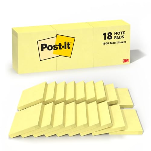 Post-it Notes, 3 in x 3 in, 18 Sticky Notes Pads, 100 Sheets per Pad, The Iconic Canary Yellow Note, Back to School Supplies and Oﬃce Products