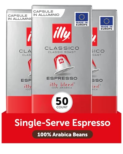 illy Aluminum Espresso Capsules - Compatible with Nespresso Machines - Classico Medium Roast Coffee- Mild&Balanced-Notes of Caramel,Orange Blossom&Jasmine Single Serve Capsules - 10 Count (Pack of 5)