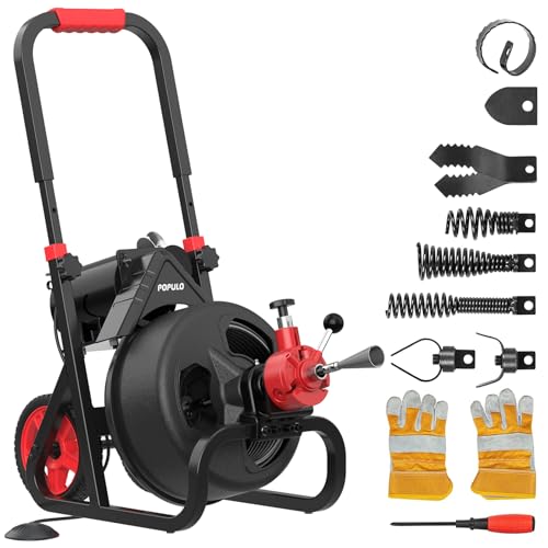 POPULO Auto Feed 75 FT×1/2 Inch Electric Drain Snake With Mobile 8” Wheel,5.8A Drain Auger Includes 8 Cutters Suitable For 2-4” Pipes For Unclogger Main Drain,Clear Tree Roots From Pipe Etc