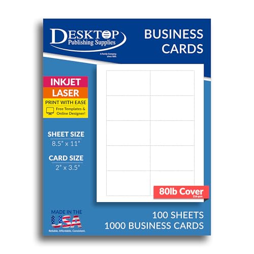 Heavyweight White Blank Business Card Paper - 100 Sheets / 1000 Business Cards - 80lb Cover / 218 gsm - Inkjet & Laser Printer Compatible - Standard 3.5 x 2 Inches