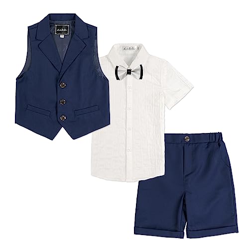 LOLANTA Big Boys 4PCs Waistcoat Suit, Wedding Ring Bearer Outfits, Vest, Shirt, Shorts, Bow Tie Boys Summer Short Sets (12-13 Years, Navy)