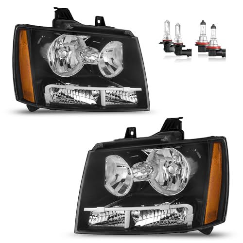 KarSpareHub Headlights W/Bulbs for 2007-2014 Chevy Tahoe Suburban 1500, 2007-2013 Avalanche Suburban 2500 Headlamp Replacement Driver & Passenger Side, Black Housing