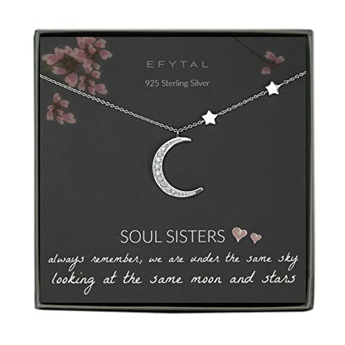 EFYTAL Friend Gifts, 925 Sterling Silver CZ Crescent Moon & Stars Friendship Necklace, Best Friend Necklaces for Soul Sisters, Unbiological Sister or BFF