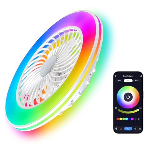 NEW Smart WiFi&Bluetooth RGB Ceiling Fans with Lights and Remote,20"low profile ceiling fan with light,Compatible with Alexa,Google Assistant,App Control Color Changing,3000K-6000K,6 adjustable speed