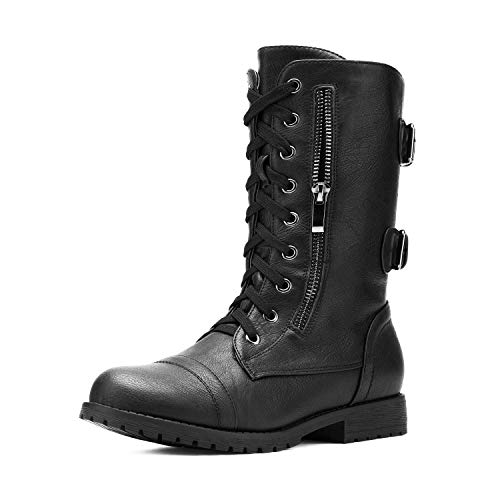 DREAM PAIRS Women's Combat Boots, Mid Calf Built-in Wallet Pocket Lace up Military Ankle Booties,Size 8,Black,Terran
