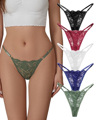 SHARICCA Lace G-String Thongs for Women Adjustable Sexy Low Rise Underwear Breathable T-back Thongs Panties 3 Pack, 5p - Basic, Small