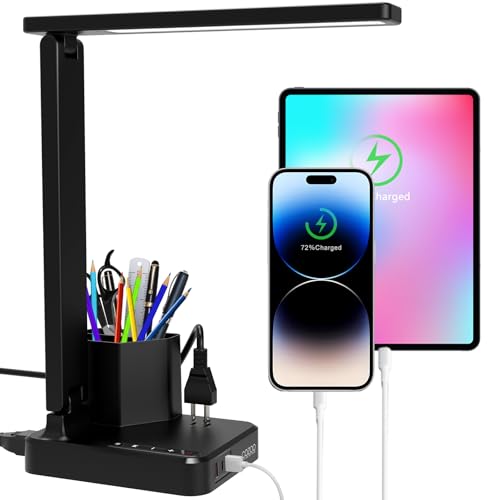COZOO LED Desk Lamp with 3 USB Charging Ports,1 AC Outlet,2 Pen Holders,3 Color Temperatures 3 Brightness LevelsTouch/Memory/Timer Function,10W Eye Protection Foldable Reading Light,College Study Lamp