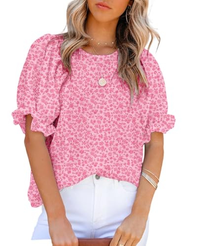 Dokotoo Summer Tops for Women Cute Floral Print Crewneck Smocked Puff Sleeve Blouses Babydoll Shirts for Women 2025 Teen Girls Casual Holiday Boho Clothing Rose L