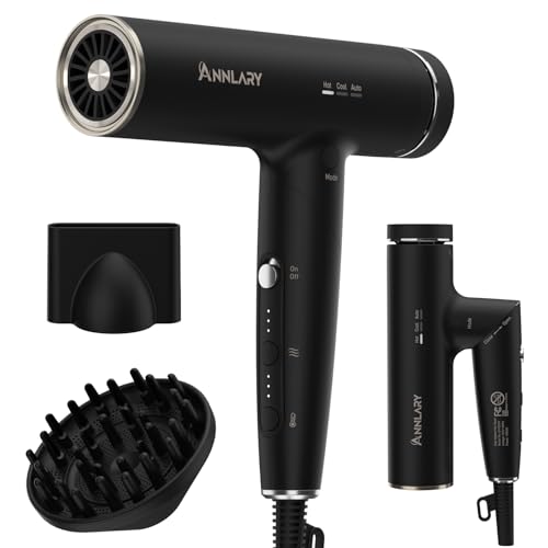 ANNLARY Plasmonic Hair Dryer with Diffuser for Curly Hair, 110000 RPM Professional High Speed Blow Dryer with Plasma Ion, 1500W Foldable Travel Hairdryer with 6.5 Ft Cord Fast Drying for Women Men