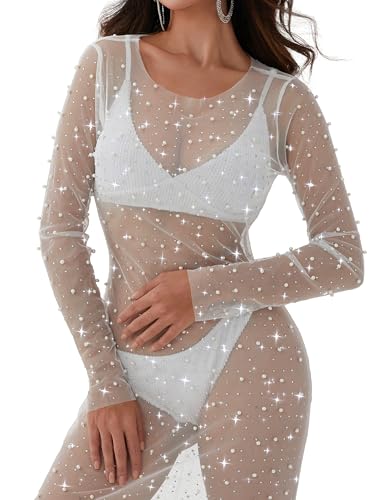 Gplno Womens Pearl Dress Mesh Sparkly Rhinestone Dress Cover Up (White,Medium)