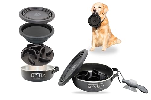 3-in-1 Stainless Steel Dog Travel Bowl| Slow Feeder Insert with Strong Suction Cups- Anti-Choking Design with Collapsable Lid, Water Bottle Holder | BPA -Free, Anti-Slip| Indoor &Outdoor (Black)