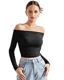 SUUKSESS Women Off Shoulder Long Sleeve Shirts Double Lined Fitted Crop Tops Y2K Tight T Shirts (Black,S)