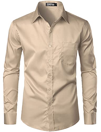 ZEROYAA Men's Urban Stylish Casual Business Slim Fit Long Sleeve Button Up Dress Shirt with Pocket ZLCL29 Khaki Large