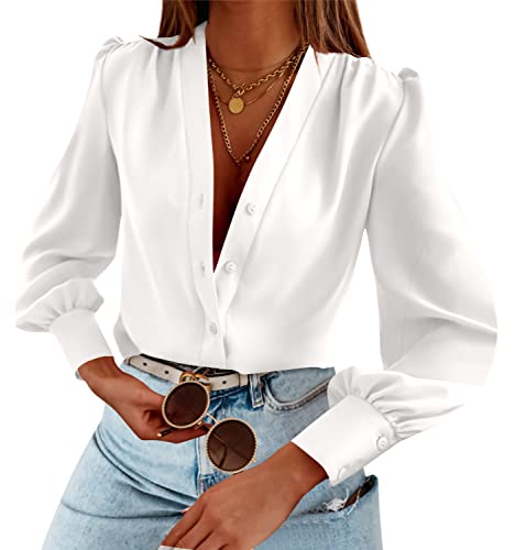 Women's Business Casual Tops Summer Long Sleeve Silk Button Down Shirts V Neck Chiffon Blouses A-White