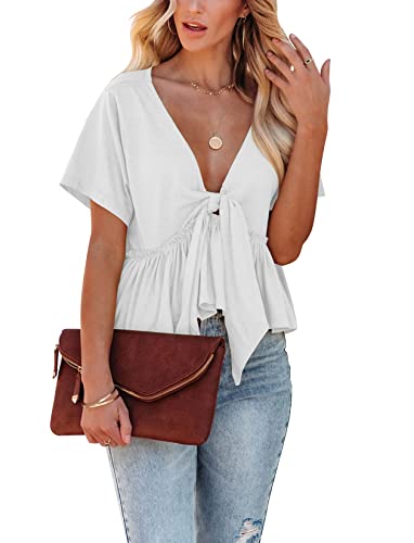 Fanway&EC Women's Short Sleeve V Neck Blouses Ruffle Hem Tie Front Crop Tops Lightweight Basic Summer Tops (White,X-Large,X-Large,US,Alpha,Adult,Female,Regular,Regular)