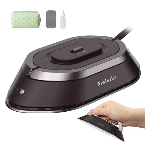 Newbealer Travel Iron with Dual Voltage - 120V/220V Mini Dry Iron for Clothes (No Steam), Non-Stick Ceramic Soleplate, 302℉ Heat Press Machine for Quilting & Sewing, 0.95lbs Lightly (Brown)