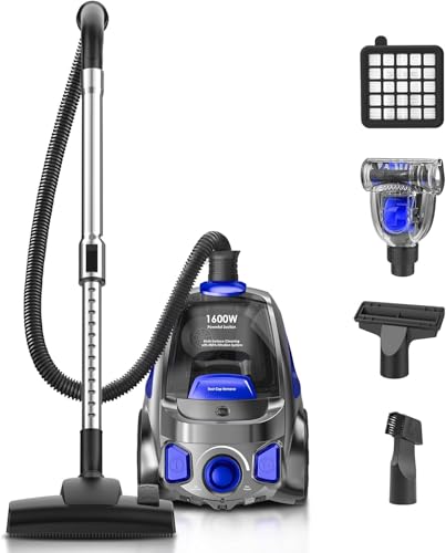 32Kpa 1600W Canister Vacuum Cleaner(Energy Class A), Cyclon Power, Dust Full Indicator, Double HEPA Filter, 3.7Qt Large Capacity, Lightweight Vac for Hard Floors, Carpets, Pet Hair, Blue