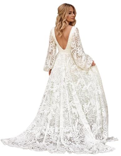 Beach Wedding Dresses For Women With Pockets Long Sleeve Lace Boho Wedding Gown 2025 A Line Backless Fully Lined Lace Beach Bridal Dress Long Ivory US14