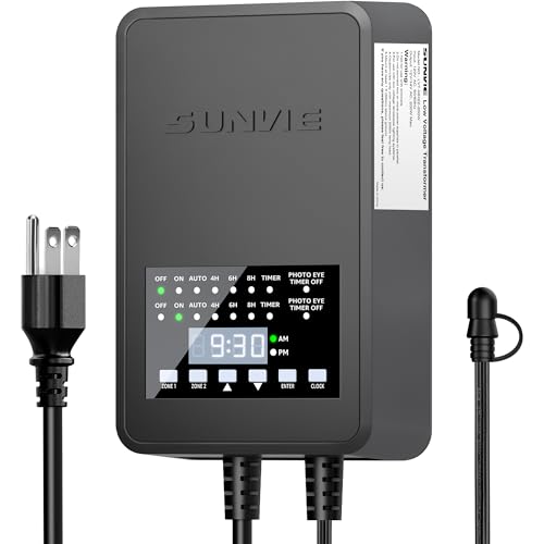 SUNVIE 300W Low Voltage Landscape Transformer with 2 Independent Control Output Landscape Lighting Transformer with Timer and Photocell Sensor 120V AC to 12/14V AC Weatherproof Low Voltage Transformer