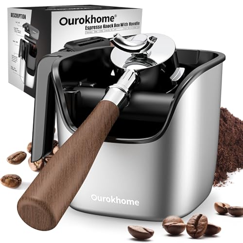 Ourokhome Knock Box Espresso Accessories, The Latest Patented Stainless Steel Espresso Machine Tool for Coffee Ground with Removable Knock Bar, Handle and Lid, Dishwasher safe, 4.8 inch