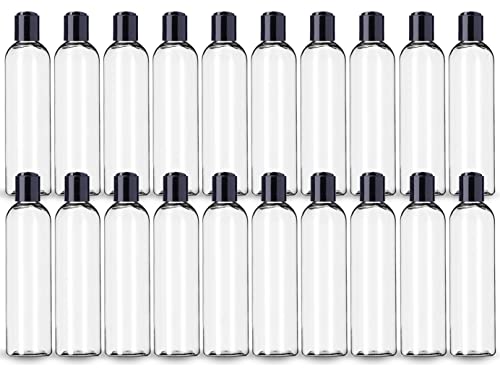 ljdeals 8 oz Clear Plastic Empty Bottles with Black Disc Top Caps, Refillable Containers for Shampoo, Lotions, Cream and More Pack of 20, BPA Free, Made in USA