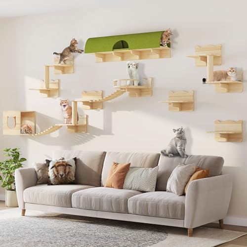 DWVO Cat Wall Shelves and Perches for Wall, Pine Wooden Wall Mounted Cat Furniture, Set of 16 Cat Climbing Shelves with Cat Bed, Wall House, Wall Steps, Bridge Ladder, Scratching Post and Cat Tunnel