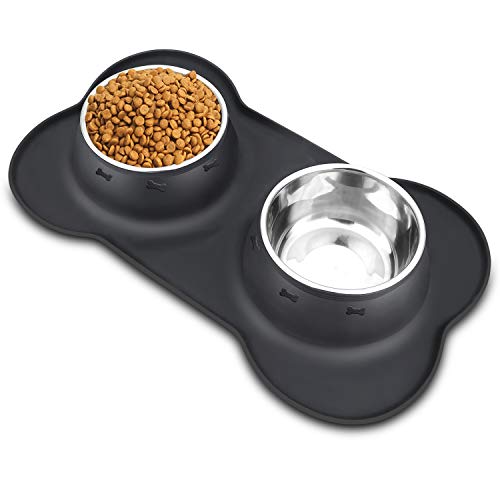 AsFrost Dog Food Bowls Stainless Steel Pet Bowls & Dog Water Bowls No Spill Non Skid, Feeding Bowls with Dog Bowls Silicone Mat for Small Medium Large Size Dogs, Cat Pet Dog Dishes Set, Black, 3 Cup