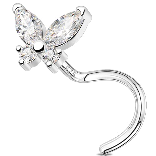 MeIighting 925 Sterling Silver Butterfly Nose Stud S Shaped Nose Ring 20G Solid Silver Butterfly Nose Piercing Jewelry Clear CZ for Women Men Nostril Piercing