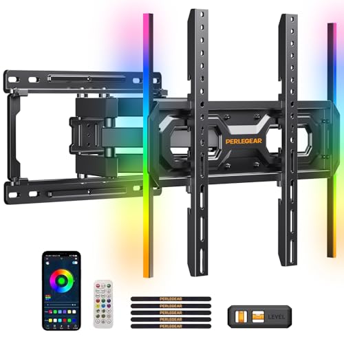 Perlegear Pre-Assembled TV Wall Mount with LED Lights for 26-65 inch TVs up to 99 lbs, Max VESA 400x400mm, Swivel, Extension, Tilt, TV Backlights with Music Sync, Fits 16”/12” Wood Studs, PGMF20