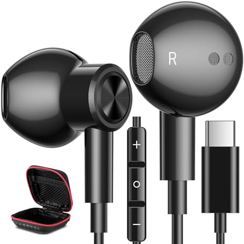 USB C Headphones, Type C Earphones for Samsung Galaxy S20 S21 S22 S23 S24 FE S25 Ultra Apple iPhone 15 16 Pro Max Magnetic Wired Earbuds Microphone for Google Pixel 9 8 8A 7 7A 6 OnePlus Android Black