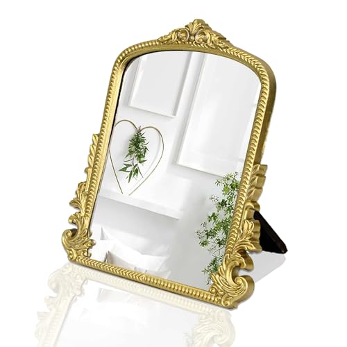 HSDDHOME Champagne Gold Vintage Vanity Mirror,Small Decorative Table Top Mirror,Baroque Arched Makeup Desk Mirror Wood Frame Free Standing,for Dresser,Bedroom,Living-Room Countertop 11.8" x 9.6"