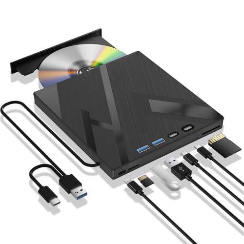 7 in 1 External Blu Ray Drive, External Blueray/DVD Drive for PC with SD/TF Port Blu Ray Burner, Support 100G Disc R/W for PC External Blu Ray Drive for Windows Linux MacOS Laptop Desktop