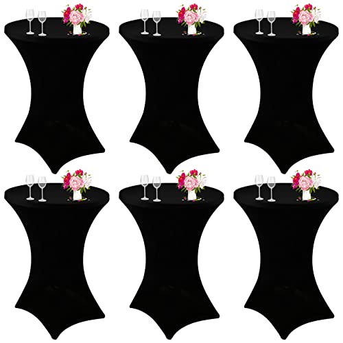 JALANCY 6 Pack Cocktail Spandex Tablecloth 32"x43" Black Stretch Square Corners Cocktail Table Cover Fitted High Top Round Table for Bar Wedding Birthday Party Banquet