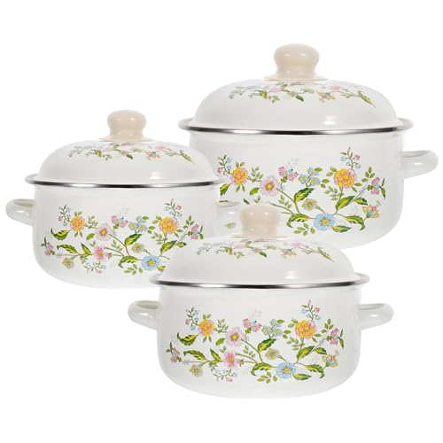Kichvoe 3pcs Kitchen Enamel Stockpot with Lid Soup Pot Stew Pot Retro Flower Stew Bean Cooking Pot Vintage Enamel Simmer Pot with Handles for Induction Cookers Gas Stove