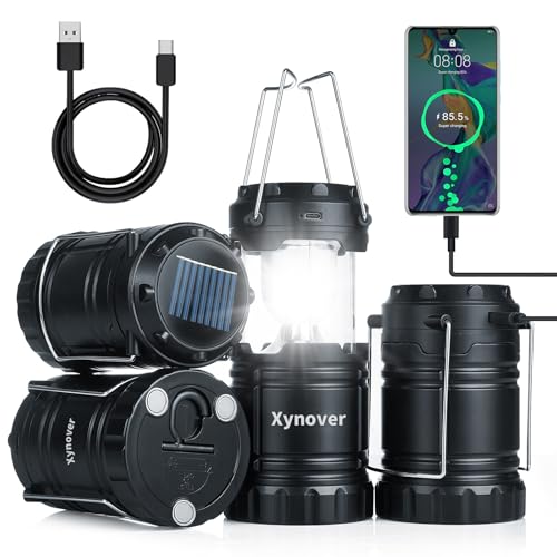 Xynover 4-Pack Solar Camping Lanterns - Rechargeable LED with USB/Solar/AA Battery | Magnetic Base & Hanging Hook | Collapsible, Waterproof for Emergency, Hiking, Power Outages