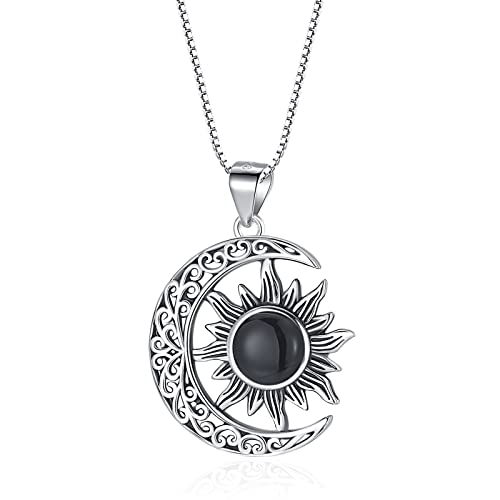 PUPILLEMON Sterling Silver Sun and Moon Pendant Necklace for Women, Black Onyx Necklace Jewelry Gift for Women