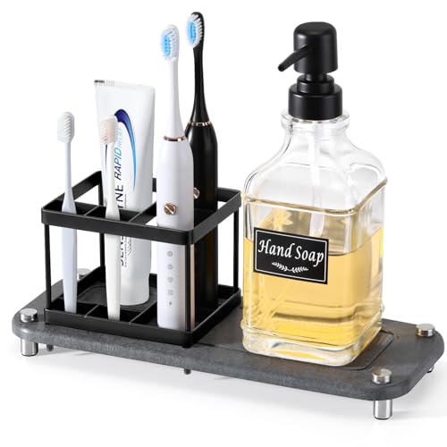 Shinowa Toothbrush Holders with Soap Dispenser and Water Absorbing Diatomite for Bathroom, Stainless Steel Tooth Brush Toothpaste Holder for Kitchen Countertop Sink, Bathroom Organizers and Storage