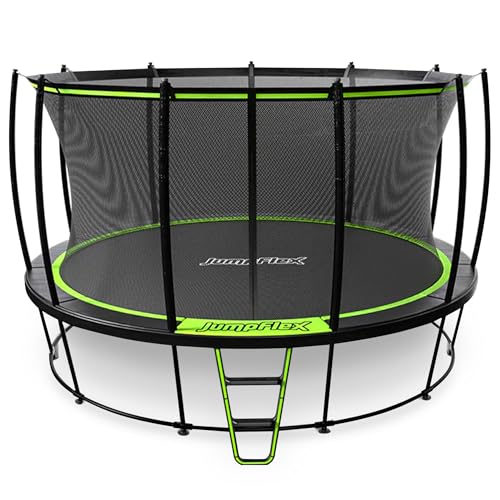 JumpFlex Hero Round Outdoor Backyard Trampoline with Net Safety Enclosure and Ladder, 15ft
