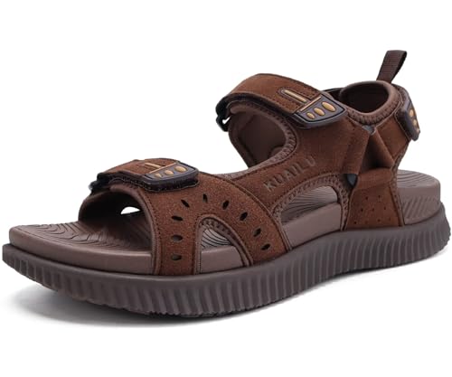 KuaiLu Mens Leather Hiking Sandals With Arch Support Orthopedic Sport Recovery Athletic Walking Sandals For Man Outdoor Summer Casual Thick Cushion Beach Water Fisherman Sandal, size 11 Dark Brown