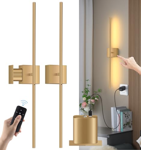 Battery Operated Wall Sconces with Remote Control, Dimmable Touch Wall Lights Wireless, USB Rechargeable LED Wall Lamp Gold, 350° Rotate Reading Lamp for Living Room Bedroom Hallway, 32 Inch, 2 PCS