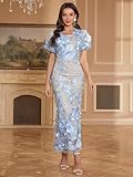 Women's 3D Floral Embroidery Dress Ruffle Sleeve Fishtail Lace Bodycon Party Cocktail Mixi Dress (US, Alpha, Medium, Regular, Regular, Sky Blue)