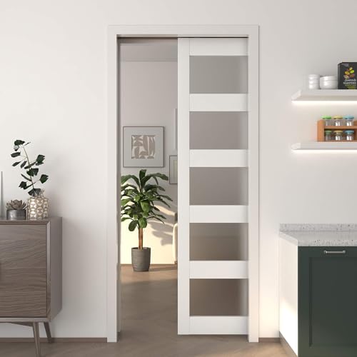 JUBEST Pocket Door 36"x80", 5-Panel Tempered Frosted Glass Sliding Pocket Door with Soft Close Pocket Door Frame Kit, Sturdy Solid Wood & MDF with Water-Proof PVC Surface, Assembly Needed, White