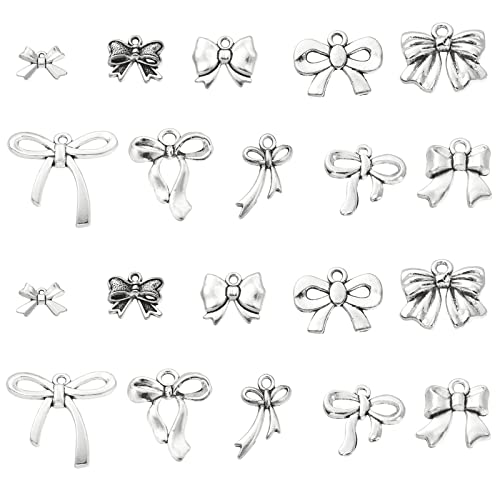 KitBeads 100pcs Tibetan Bow Charms Mixed Styles Cute Bowtie Charms Antique Silver Lady Bowknot Charms for Jewelry Making Bracelets Bulk