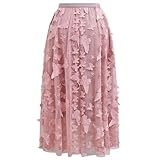 CHICWISH Women 3D Butterfly Embroidered Mesh Tulle Midi Skirt High Elastic Waist A-Line Fairy Skirts Pink