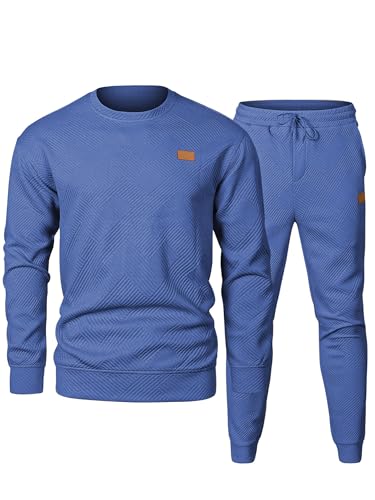 JMIERR Knit Jacquard Sweatsuits for Men Set 2 Piece Outfits Long Sleeve Pullover Sweatshirt & Running Joggers Sweatpants, Fall Tracksuit Matching Lounge Sets, L, Dark Blue